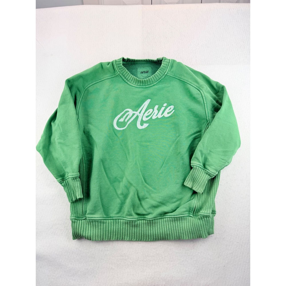 Aerie Green Graphic Logo Crewneck Sweatshirt Ribbed Side Panels XS Relaxed Fit